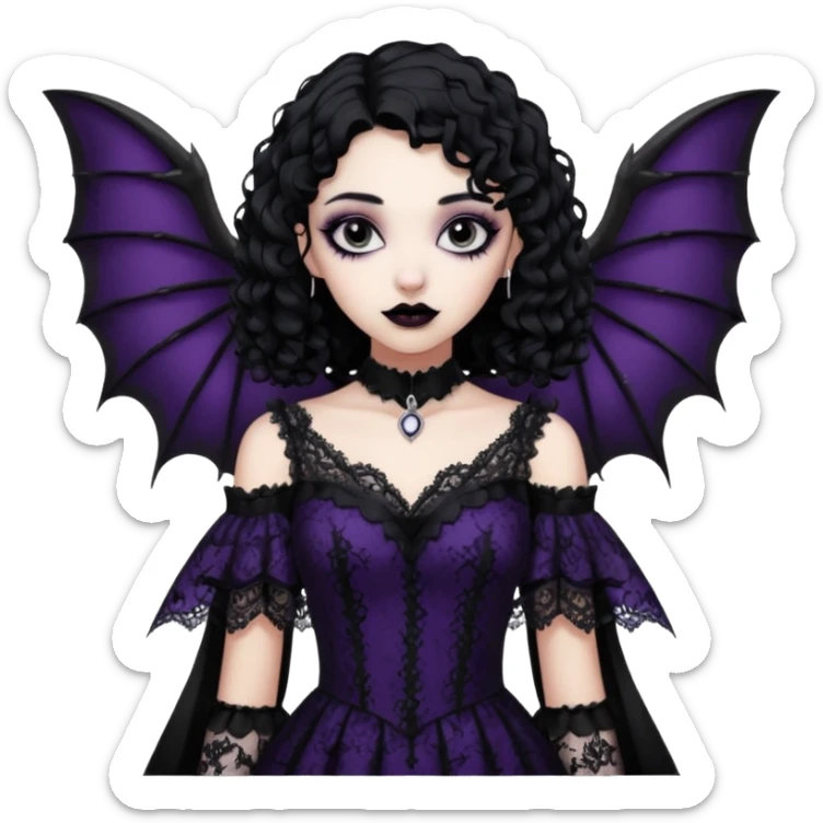 A girl with a goth vampire look in a goth lace batwings shaped sleeves dress black curly hair  sticker