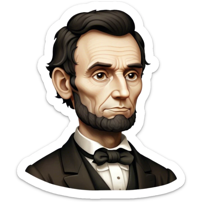 Cinematic Realistic Abraham Lincoln Portrait Emoji, depicted as a stoic iconic statesman with a tall dignified silhouette and thoughtful expression, rendered with detailed textures and dramatic historical lighting that captures his timeless presence. sticker