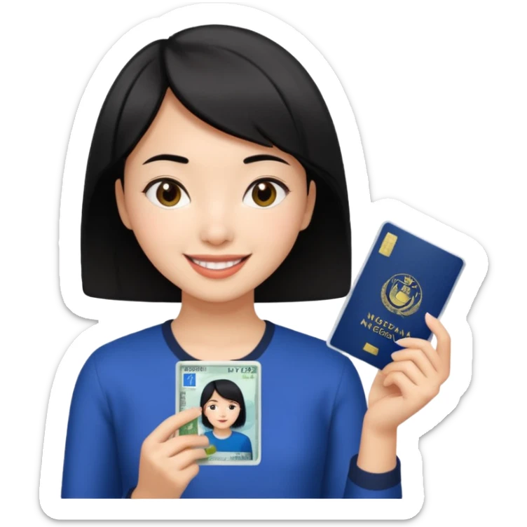 Nigeria, travel visa, with a Asian girl with short black hair, fair skin, and a young, enthusiastic smile sticker