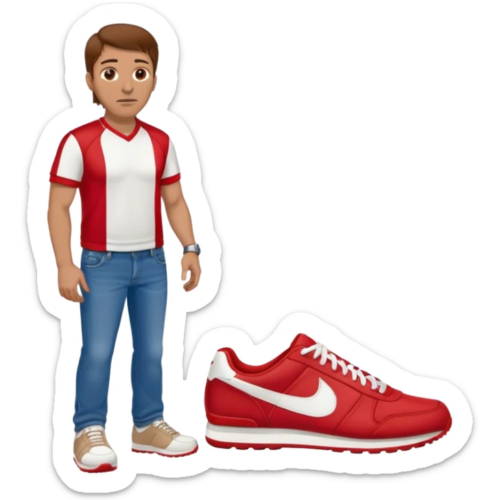 Football coach wearing red and white sneakers with jeans and brown hair sticker