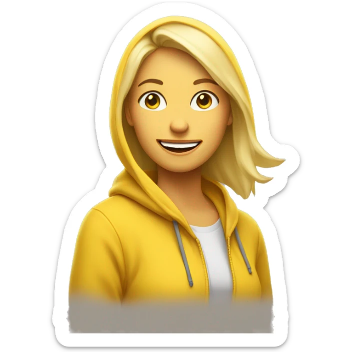 A 30-year-old blonde woman in a yellow hoodie smiles and shows emoji a ‘Face with Diagonal Mouth’  sticker