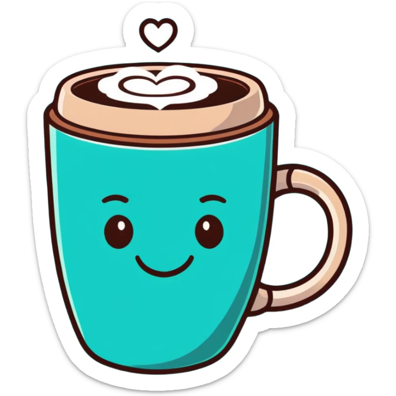 smiling hot coffee cup with heart-shaped steam, mocha brown tones, kawaii soft hand-drawn sticker