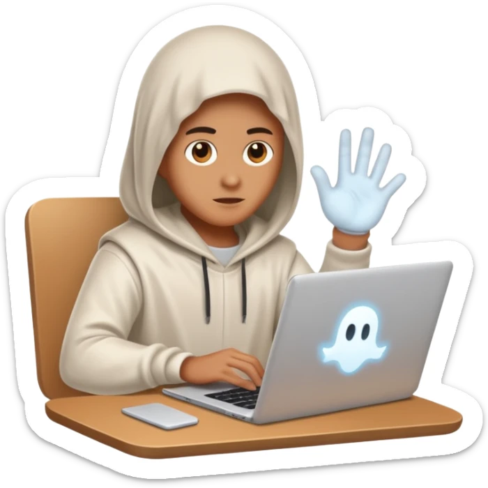 Create an emoji where an ungender person sits in front of the desk, designing ghost characters on laptop. Please refer to the attached image for ghost characters. sticker