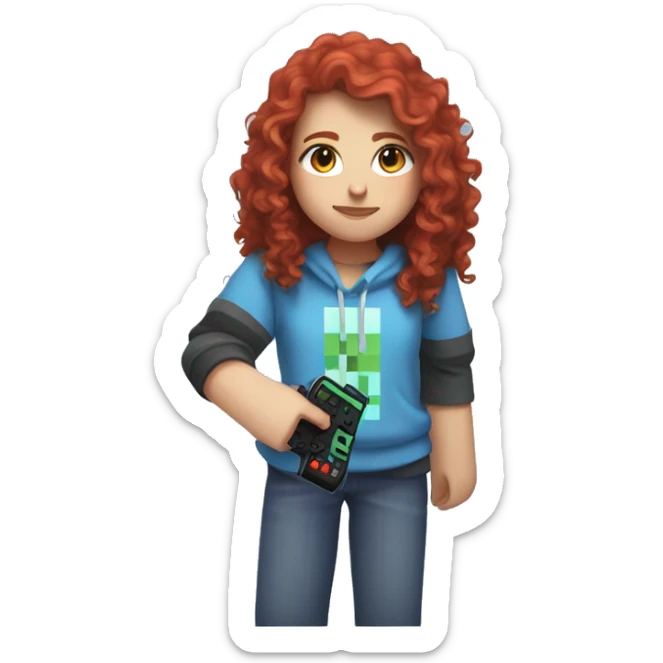 a white girl with long red curly hair, wearing periwinkle Minecraft hoodie holding a controller sticker