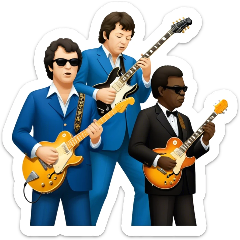 Icon for Blues Music: close-up collage of legendary blues artists. Gary Moore, Eric Clapton, B.B. King and Joe Cocker. Represented by silhouettes or symbolic items like guitars, microphones, or music notes, reflecting the soulful energy of blues music. Transparent background. sticker