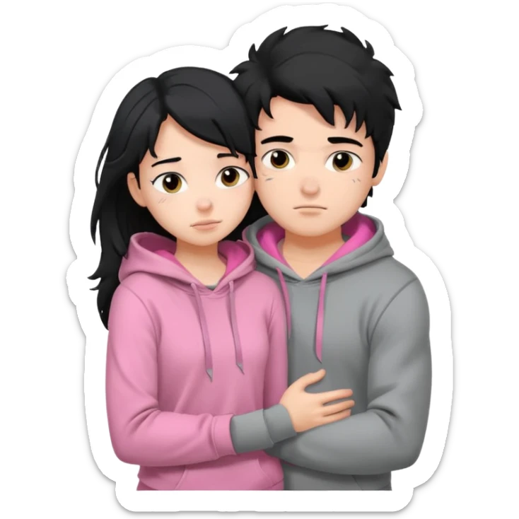 generate a pretty bratz fair skinned boy with messy black hair in a grey hoodie. Hugging his girlfriend who is wearing pink. Make him muscled. Boy in grey hoodie, girl in pink sticker