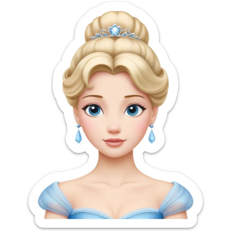 Cinematic Realistic Cinderella Portrait, depicted with lifelike skin texture, subtle rosy undertones, and soft natural lighting that enhances the gentle contours of her face. Her intricately detailed golden blonde hair is elegantly styled in an updo, with delicate wisps framing her face for added realism. Her deep, expressive blue eyes radiate warmth and sincerity, reflecting a quiet resilience and grace. She is dressed in her iconic ball gown, the fabric shimmering with intricate embroidery and fine translucent layers that catch the light beautifully. The soft sheen of satin gloves and the delicate sparkle of a glass-like slipper peeking from beneath her dress add a touch of magical realism. The portrait features an enchanting glow with a natural, luminous finish, seamlessly blending realism and fairytale charm to evoke a sense of depth, elegance, and timeless beauty. sticker