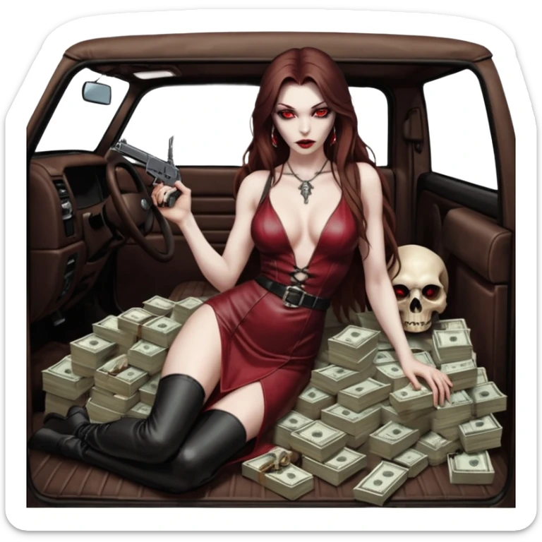 Lilith red eye seductress evil long brown haired sexy succubus woman with leather long dress with slit on, sitting in Big Large F350 pickup truck. Back seat full of stacks of cash, she is  Holding a human skull of her enemies and a gun in other hand sticker