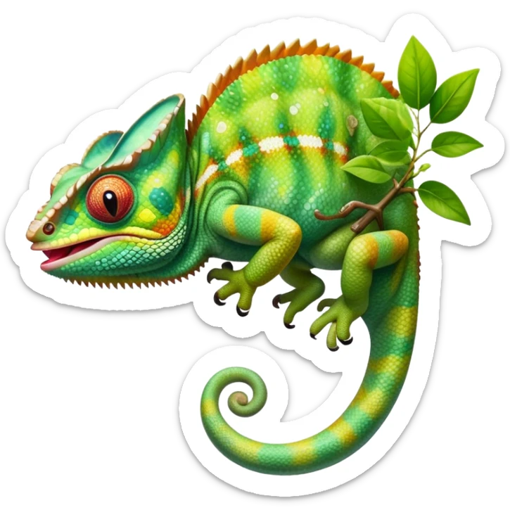 cinematic giant-tongue out chameleon-realistic emoji, mouth wide open with tongue out catching prey, -blending-with-vibrant-greenery.-detailed-scales-in-shifting-colors,-showing-the-chameleon’s-ability-to-camouflage.-soft-natural-light-highlights-its-texture.-light-background, zoomed into its face sticker