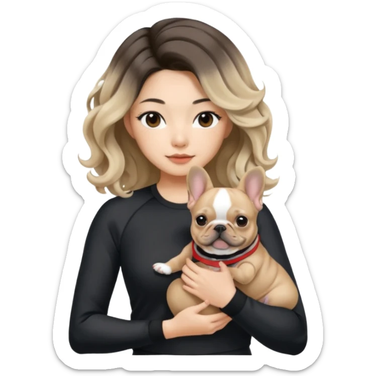 An Asian Lady With Long, Loose Curls, Ash Blonde Balayage Hair, In A Black Gym Outfit, Holding A French Bulldog sticker