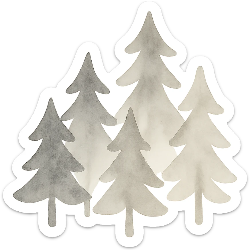 logo style illustration of evergreen trees in folk art style, dark neutral color tones, watercolor texture, transparent background, suitable for favicon sticker