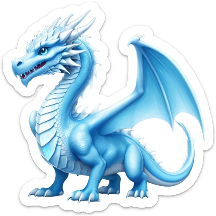 Cinematic Noble wise elegant Ice Dragon full body  Emoji, Poised and imposing, distinct long elegant snout, with a slender, scaled body shimmering in glacial hues of icy blue, frostbitten silver, and crystalline white, breathing out frost, with piercing, glowing ice blue white eyes that radiate the chilling depths of an arctic storm; rendered in detail. excuding wisdom sticker
