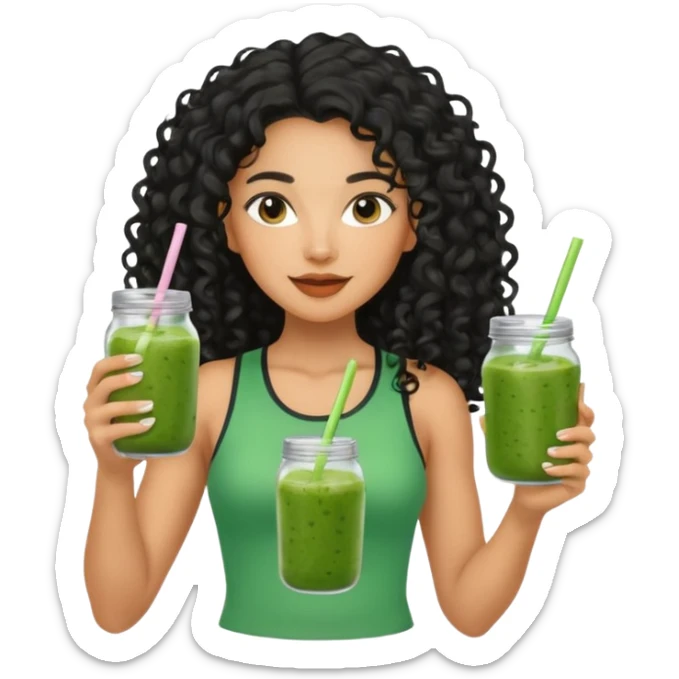 Mixed-race athletic woman with caramel skin, long black curly hair, holding a glass jar of green smoothie, pastel background sticker