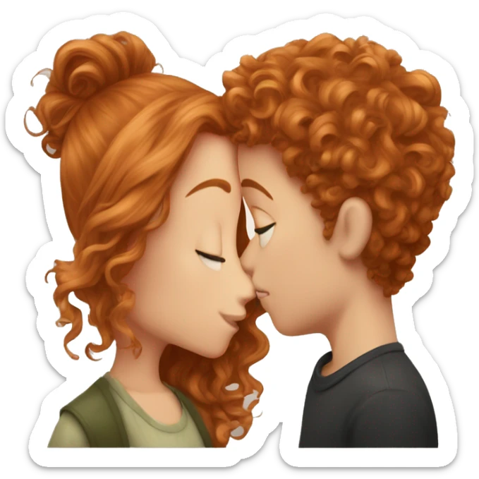 ringlet ginger hair girl kissing brown messy hair boy with lents sticker