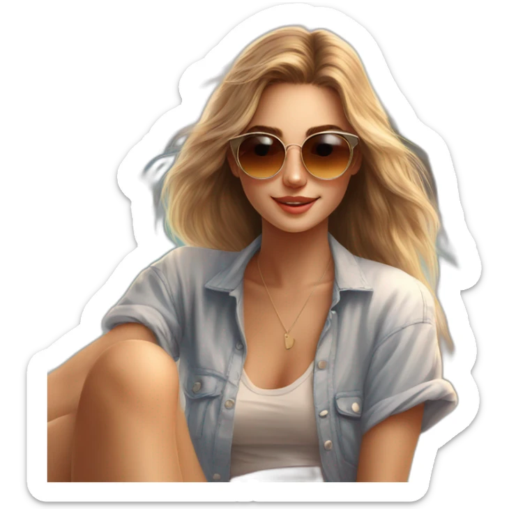 A real photo of a beautiful girl. 20 years old, sitting on the beach, looking at the camera. , wearing sunglasses, listening to music with hands-free, realistic, sticker