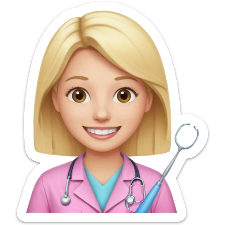 dentista mulher, loira, pele branca, camisa rosa, sorrindo transmitindo verdade e confiança sticker