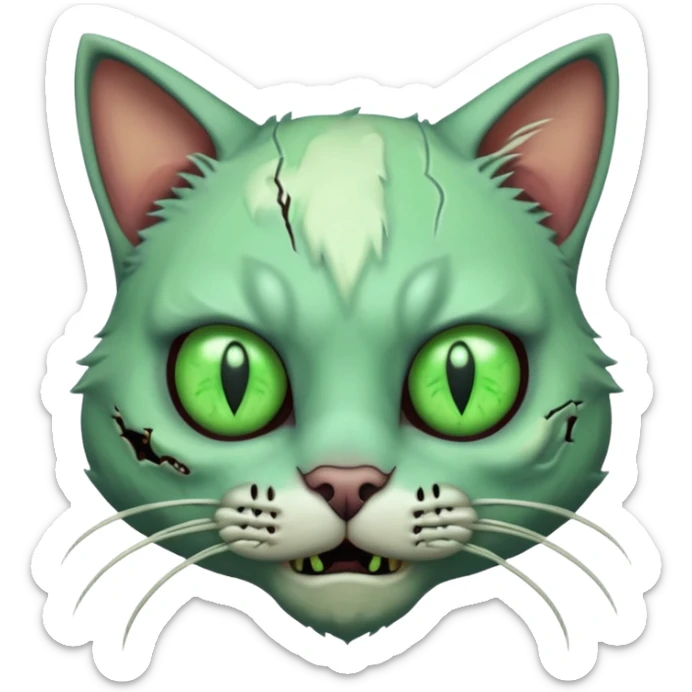 zombie cat portrait, head and shoulders only, pale fur, cracked skin patches, eerie glowing eyes, mischievous undead vibe, 3D cartoon, mobile game icon style, clean background, no text, no watermark
 sticker