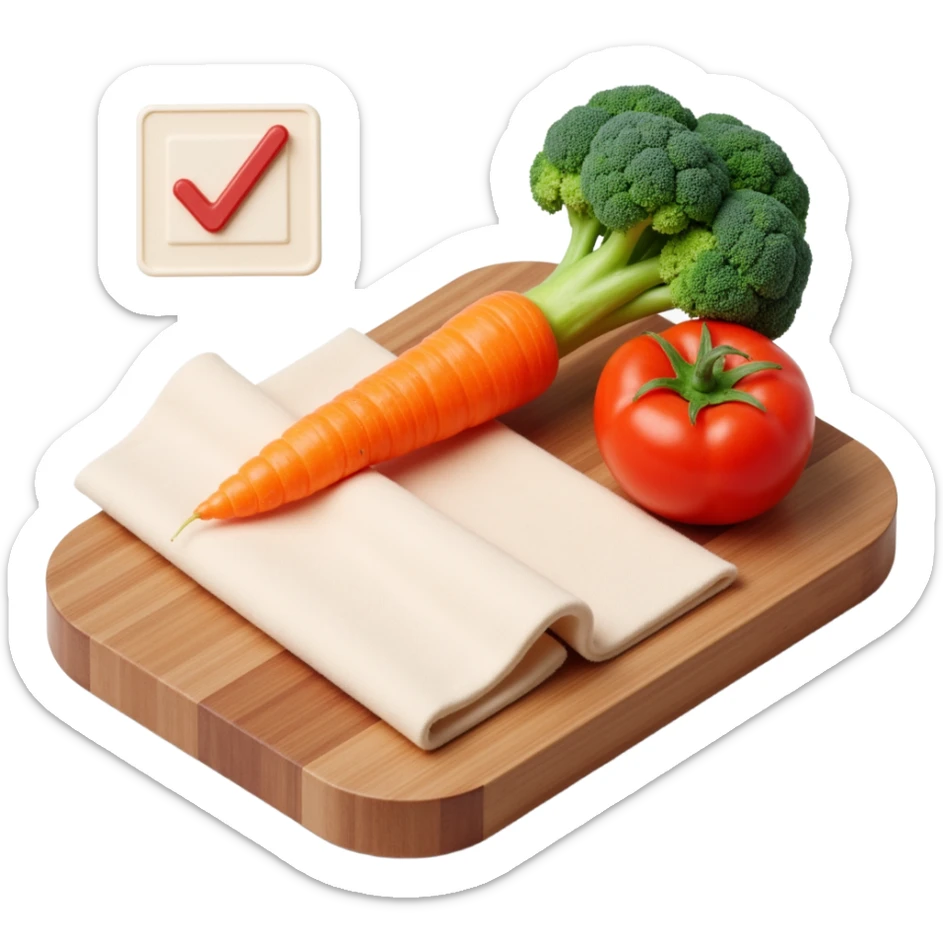 carrot tomato brocoli on the wooden cutting board with floating rolled paper list with checkbox sticker