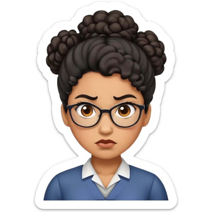 An angry female teacher with brown skin, black curly hair in a bun or updo, and slightly chubby sticker