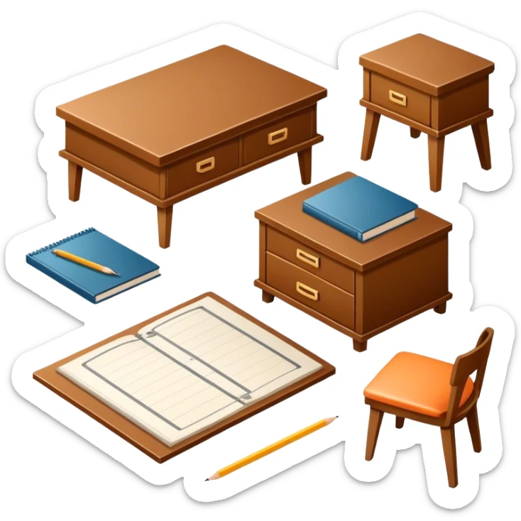 Icon for Furniture Design: a furniture drawing with 3D models of furniture pieces placed on top, accompanied by rulers and a pencil. The icon should represent the design process with focus on precision and modeling. Transparent background. sticker