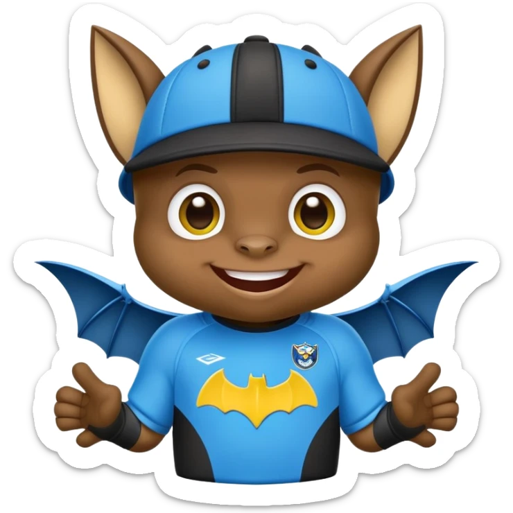 Cheeky little bat mascot for FC Rostov football club, wearing black goalkeeper cap like Lev Yashin, in yellow and blue team colors, mischievous expression, cute bat with big smile sticker