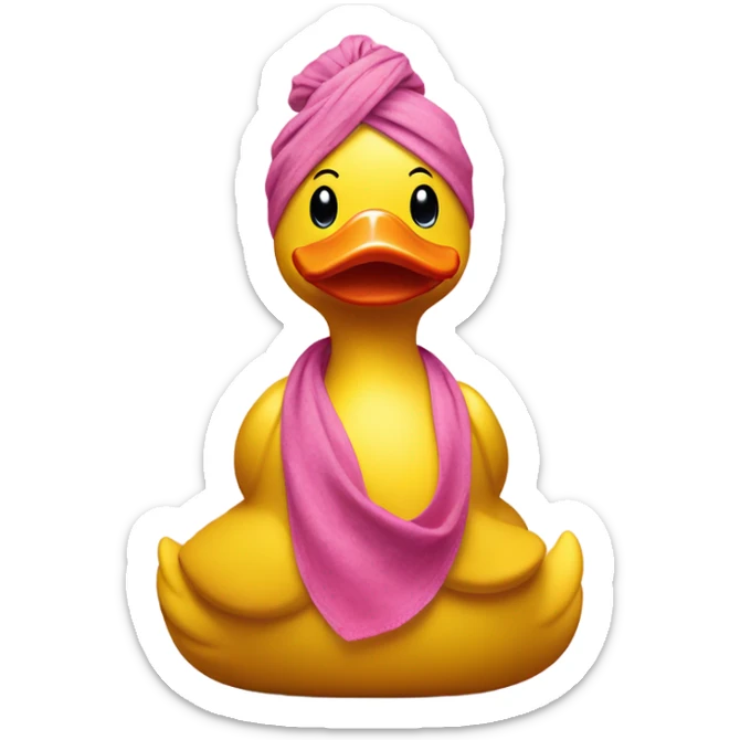 Side view of yellow rubber duck with a pink bandana doing yoga, hands together  sticker