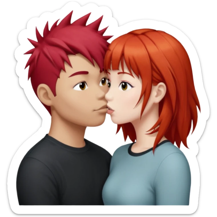 Asian Spiky short red hair  guy kissing redhead white girl with bangs long hair  sticker