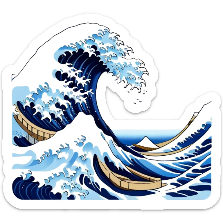 Cinematic Realistic Great Wave off Kanagawa, depicted as a colossal, crashing wave with dynamic blue hues and frothy white crests, rendered with intricate textures and fluid motion that captures both the timeless power and poetic beauty of the iconic Japanese artwork sticker