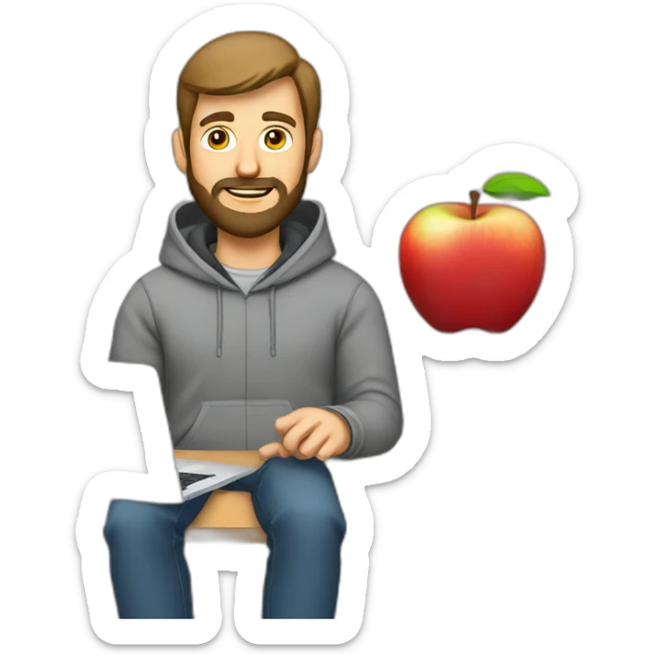 A project manager in a gray hoodie and with a short beard in front of an apple laptop sticker