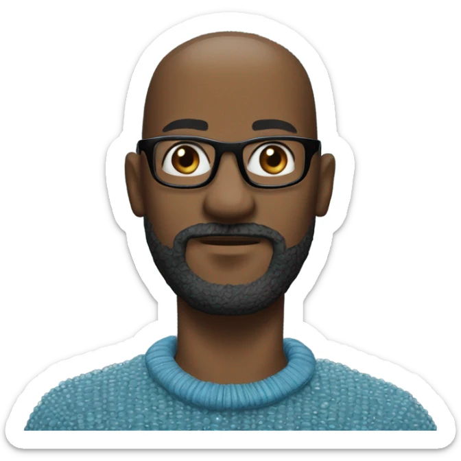Bald Black man, black rim glasses, blue turtleneck, beaded black necklace, salt & pepper mustache and beard sticker