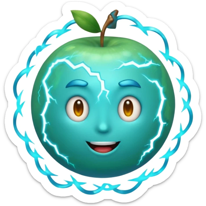 Uranus emoji in Apple style, blue-green planet with swirling rings, playful and excited face, bold lightning bolt, bursting with electric, chaotic energy sticker
