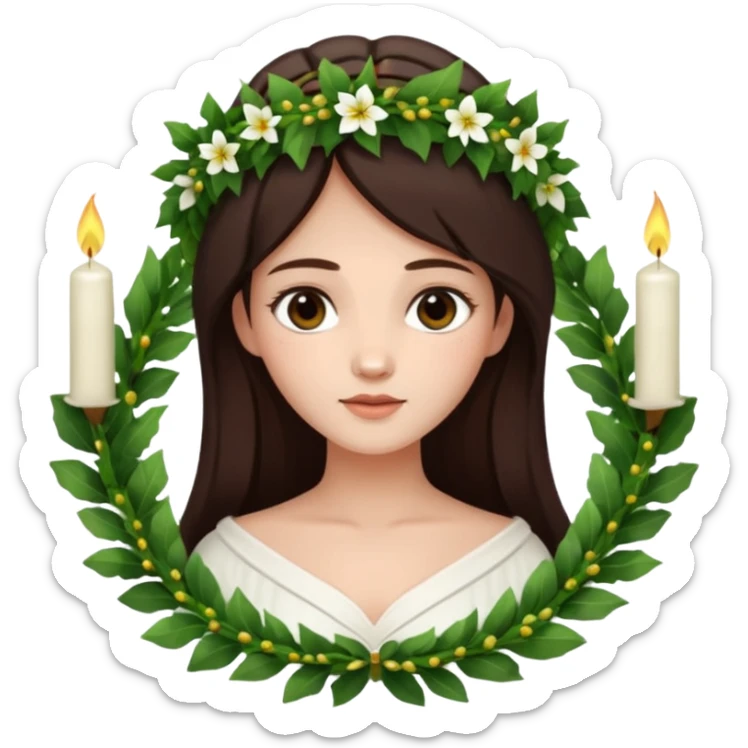  saint lucia with dark brown hair with a white gown and a wreath made from greenery and candles on top of it sticker