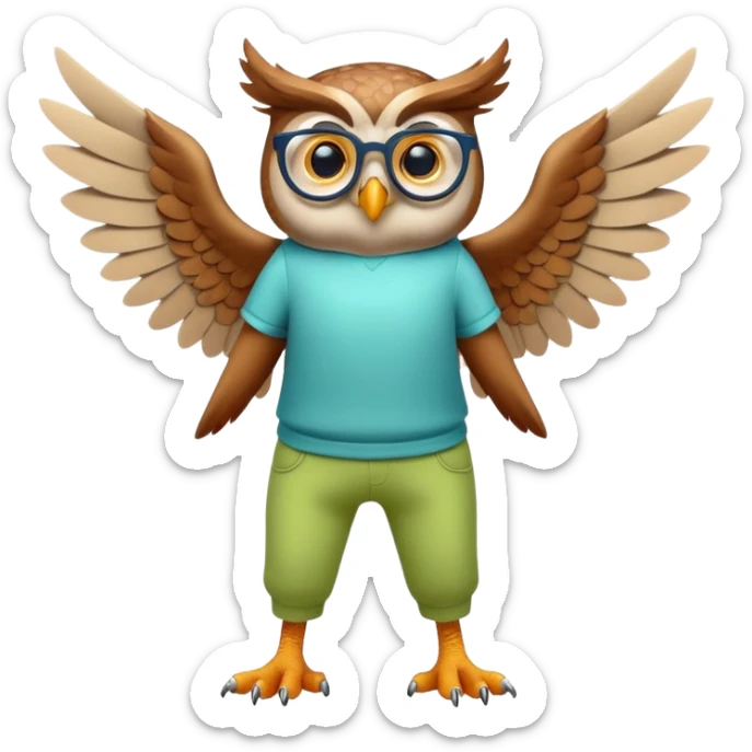 friendly anthropomorphised owl with wings instead of arms, colourful pants and shirt, wearing glasses, walking upright, unique pose 2 sticker