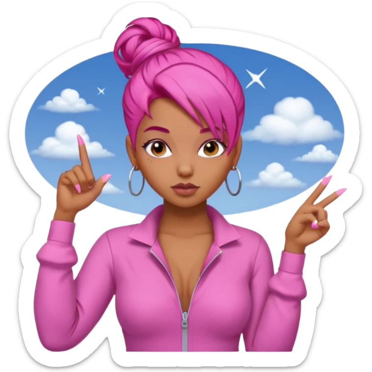 Brownskin girl , pink hair , edges ,  sassy looking pointing at the sky while pouting, pink nails, hair a slick back bun, with a pink jumpsuit  sticker