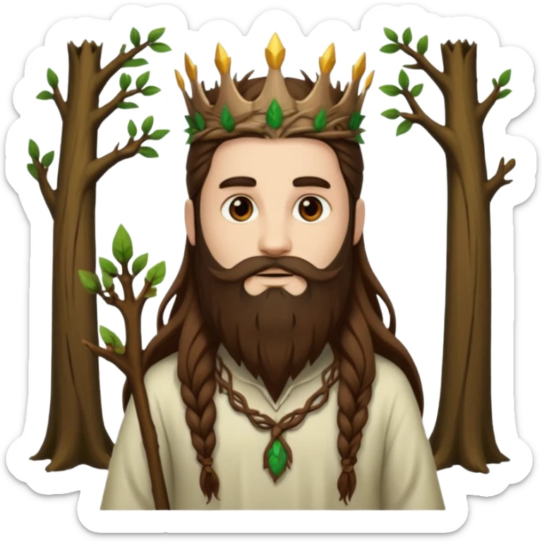 full body man long brown hair brown eyes medium beard white skin forest spirit with root crown sticker