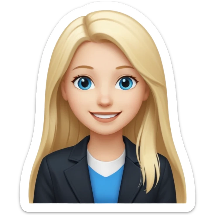 A white girl with long straight blonde hair, blue eyes and a white dress with a black jacket smiling sticker