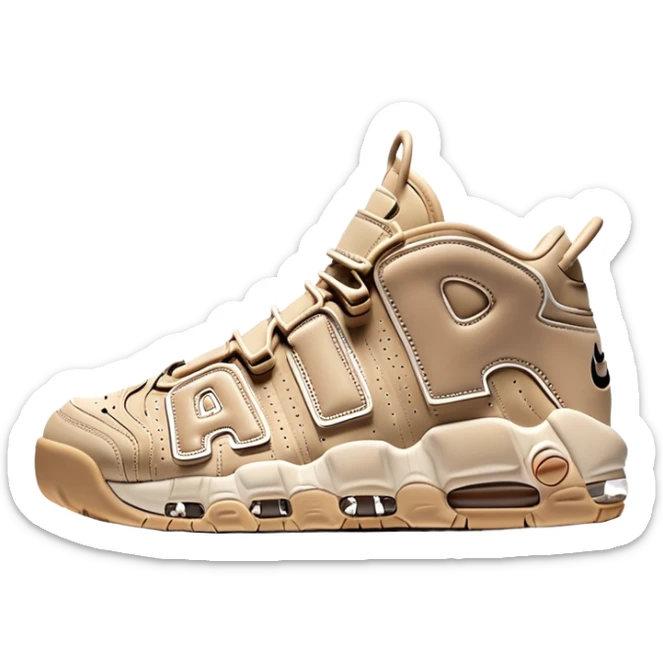 Simple clean pair of beige Nike Air More Uptempo sneakers arranged as a matching pair, minimal detailing but with distinct AIR lettering sticker