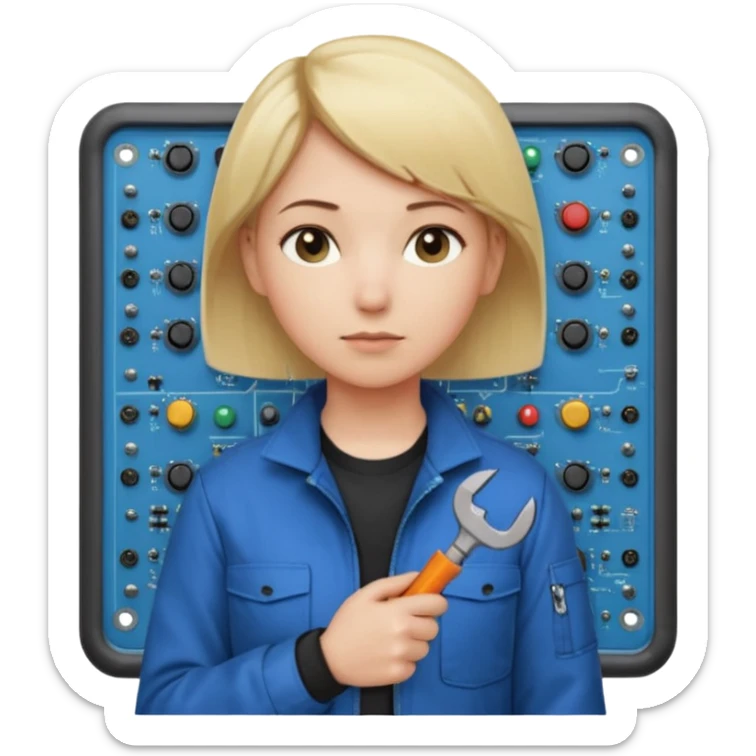 Calm and independent female engineer, fair skin, short straight blonde hair tucked behind the ears, neutral but focused expression, wearing a fitted blue utility jacket over a black crew-neck top, holding a small wrench in one hand and a circuit board in the other, waist-up, front-facing sticker