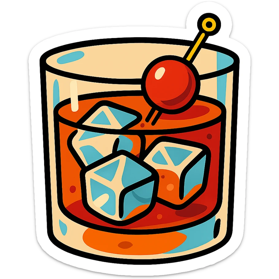 Manhattan cocktail in a short glass with ice, vibrant cartoon style, bold colors, playful look sticker