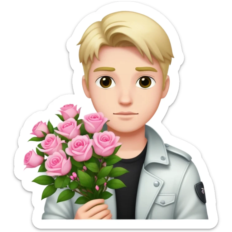 A cool bad boy with fair skin holding a bouquet of pink jasmine roses sticker