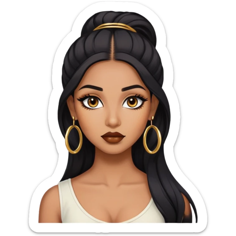 indian girl, brown skin, long black voluminous hair, brown underneath colored hair, baddie,pretty, makeup, lipliner, black eyeliner, gold hoop earrings, white top sticker