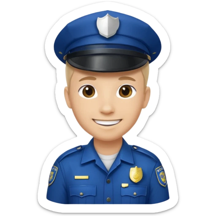 This is a cartoon-style avatar of a police officer with light skin, wearing a dark blue cap featuring a silver badge, and showing a smile expression. sticker