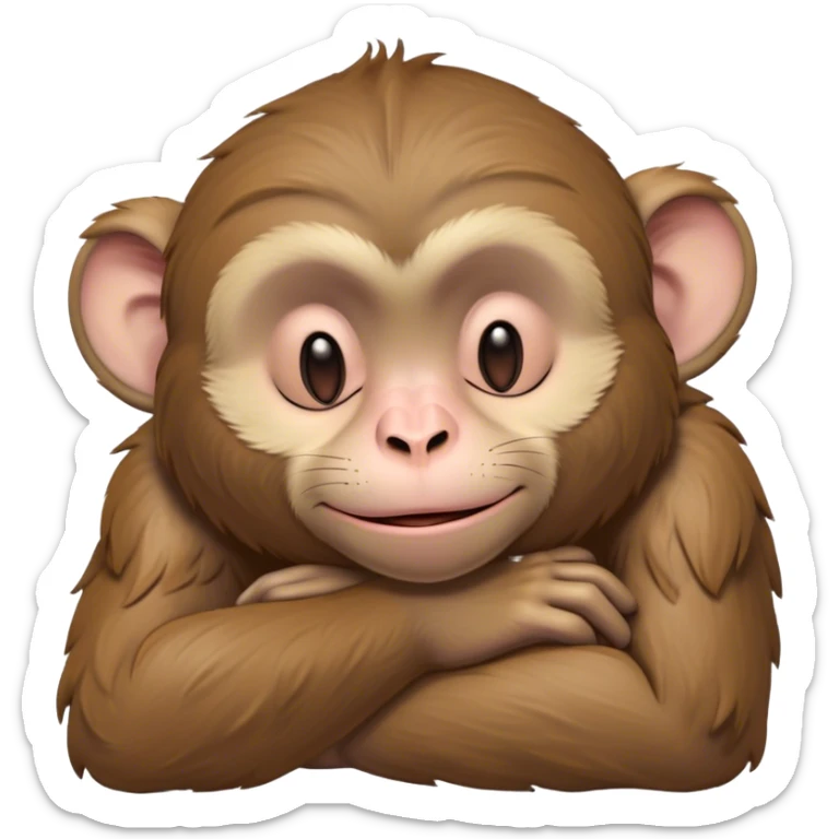 Beautiful and Majestic Cheeky Macaque Portrait Emoji, Head resting in a relaxed, contented smirk with eyes half-closed in a dreamy, playful slumber, showcasing soft, gently ruffled fur and a compact, agile build, Simplified yet exquisitely endearing features, highly detailed, glowing with a soft, radiant light, high shine, serene yet mischievous, stylized with an air of refined playful charm, soft glowing outline, capturing the essence of a beautiful and majestic macaque that embodies both cheeky humor and gentle elegance! sticker
