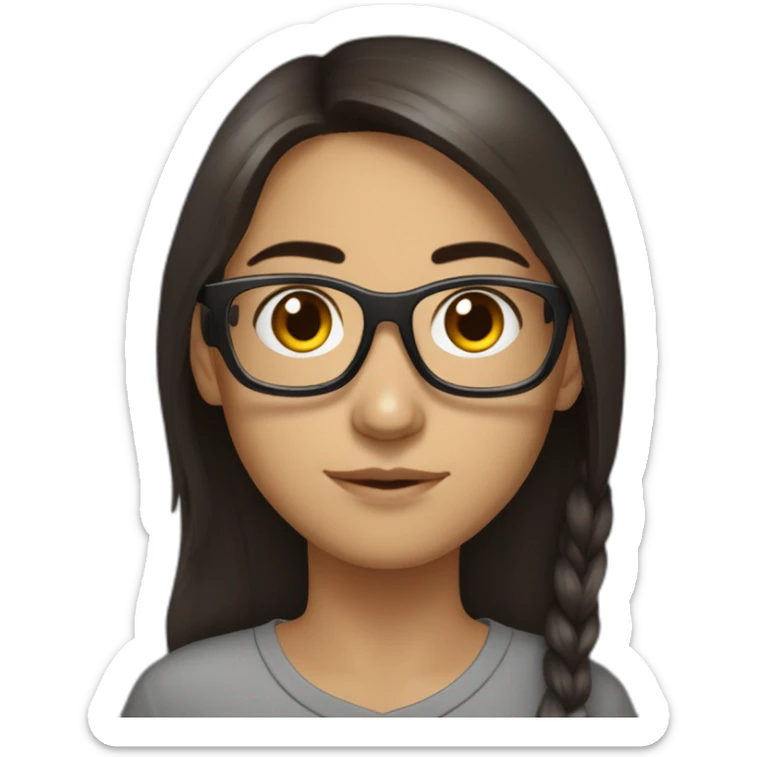 Uzbek teenager, dark brown long a bit shiny hair with thin metal view glasses sticker