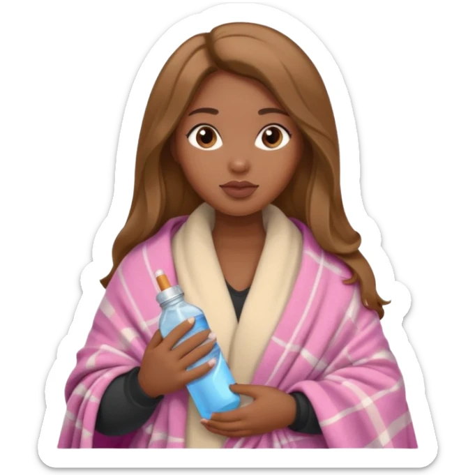 Curvy, light brown long hair, pretty black girl light pink lipgloss wrapped in blanket holding a brown cigarette and water bottle  sticker