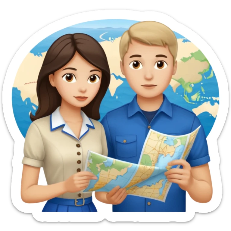 Russian young man and elegant fair-skinned Latina girl in costal outfits with a map planning  sticker