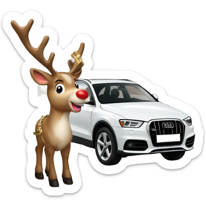 A reindeer harnessed to A white Audi Q3 with a red bridle and golden bells, set in a snowy winter scene. sticker