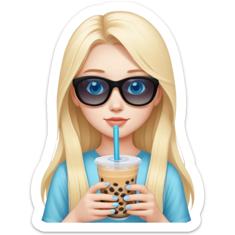 Blonde girl with pale skin and blue eyes and long hair and black sunglasses with boba tea sticker