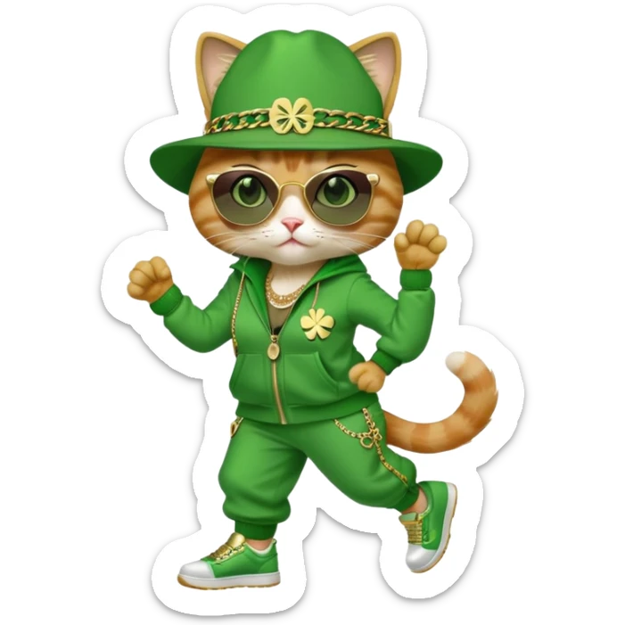female cat in hip-hop Run DMC outfit, green tracksuit, fedora with shamrock, dark sunglasses, gold chains, bling accessories, St. Patrick's Day theme sticker