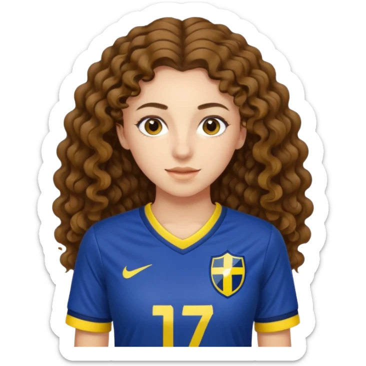 girl with long brown curly hair wearing a fenerbahçe soccer jersey sticker